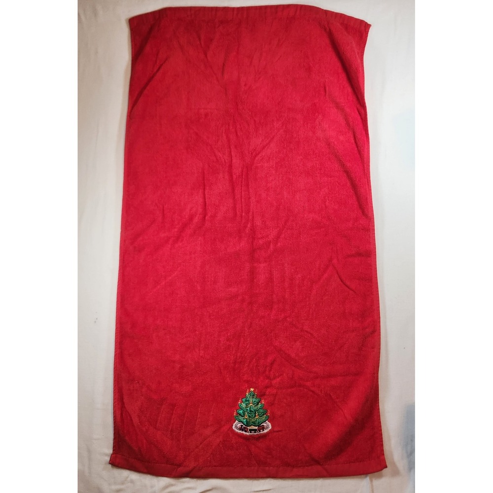 Vintage Red Christmas Tree Embroidered Hand Towel Train Motif Holiday Decor